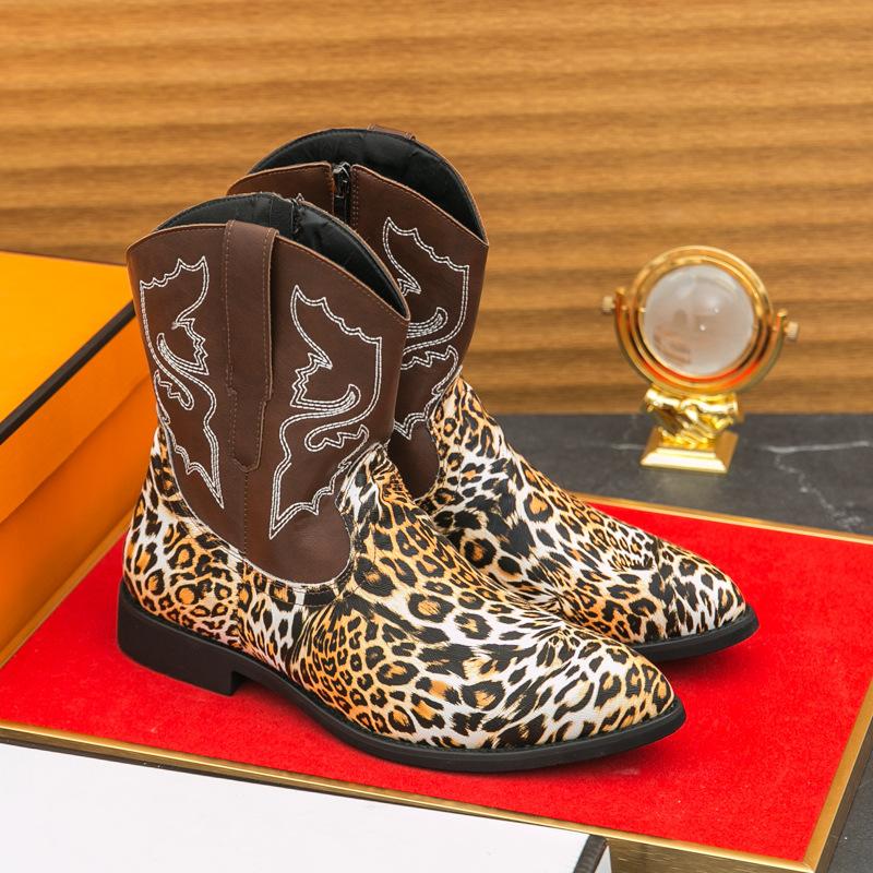 

Foreign trade large size leopard print flat bottom thick heel Martin boots men s autumn and winter European and American outer wear zipper low top pri 44 жёлтый