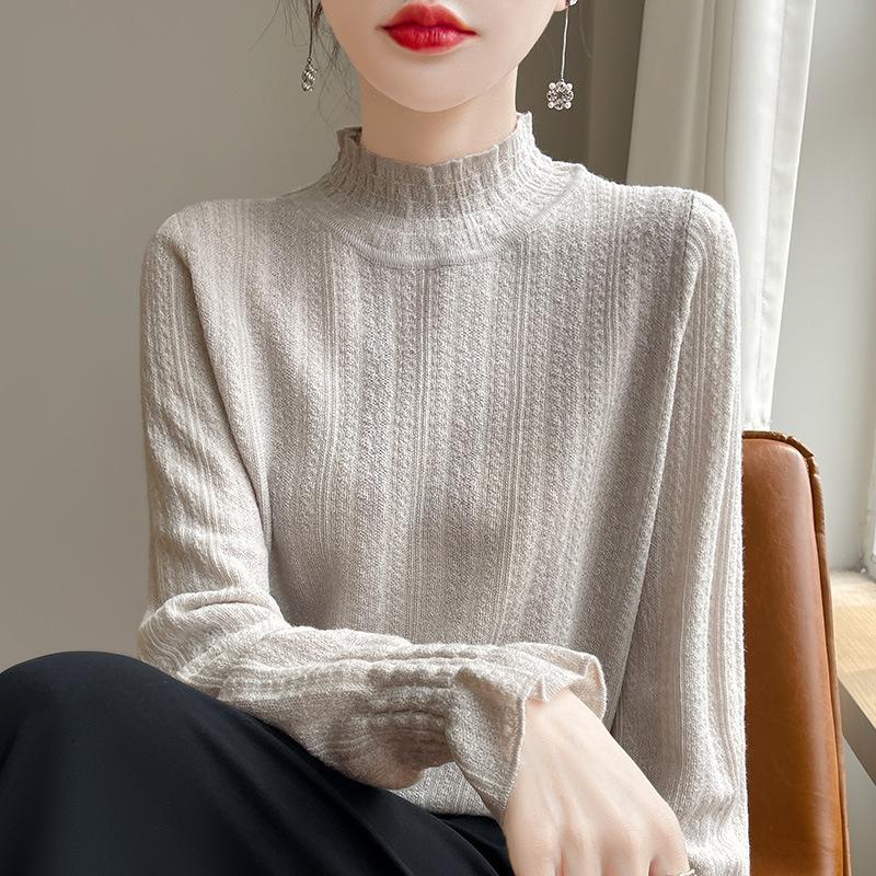 Spring Wool Women's Knitwear High Neck Fashion Pullover Top Bottom Sweater