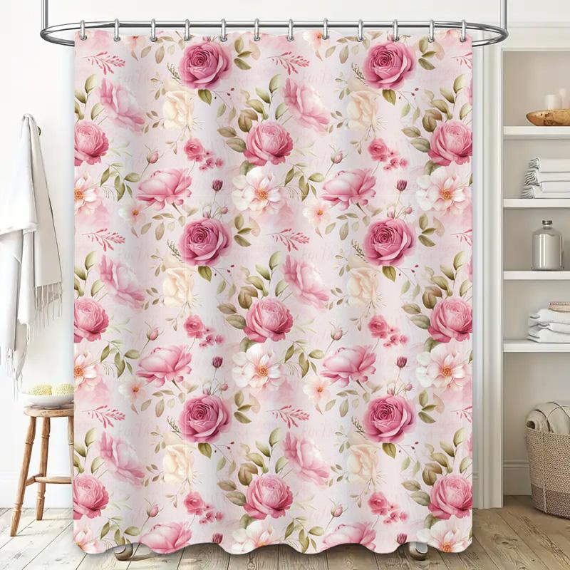 Badrumsdraperi med vintageblommor, mjukt rosa och vitt akvarellmotiv, storlek 180x213 cm