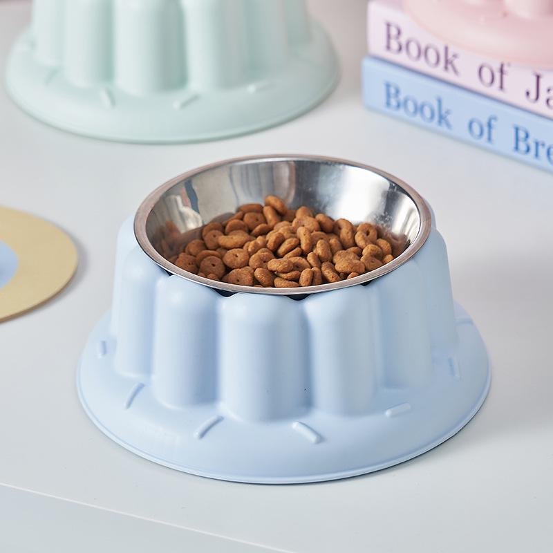 Stainless Steel Anti-Spill Cat Bowl with Chin Protection and Elevated Pudding Flower Design