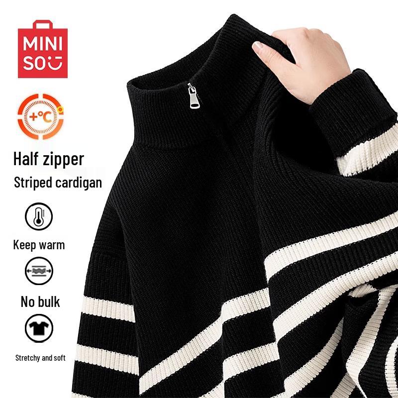 

MINISO Men s Retro Striped Half-Zip Knit Sweater 2XL