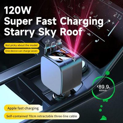 120W 7-in-1 Car Charger Super Fast Charging With Retractable Cable And Ambiance Light Voltage Display For IPhone