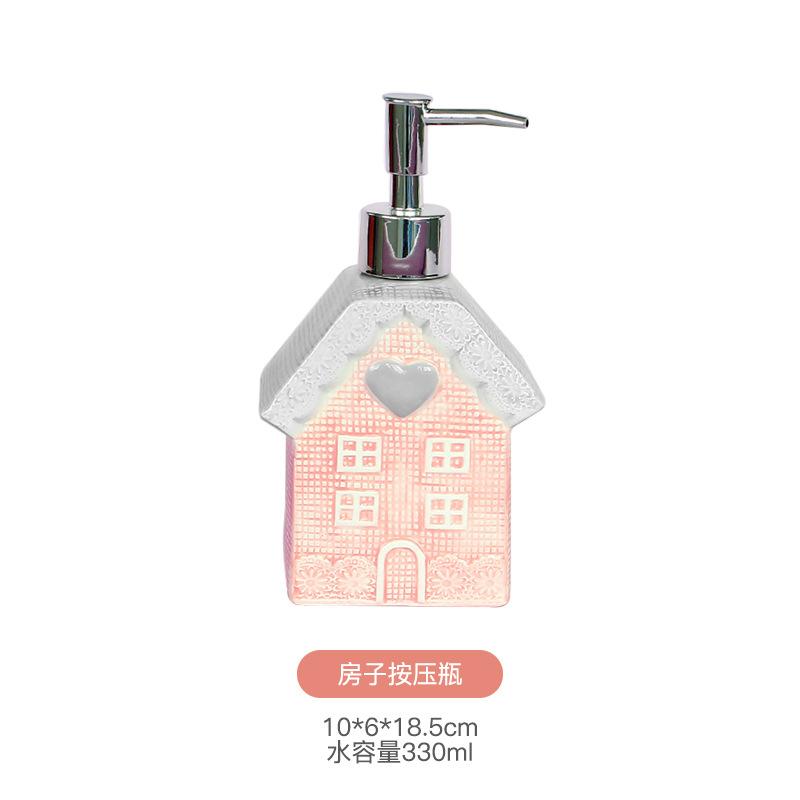 

European Ceramic Pink Soap Dispenser Creative Knitted House Shape Soap Liquid Home Use Shampoo Cosmetics Water Storage Bottle