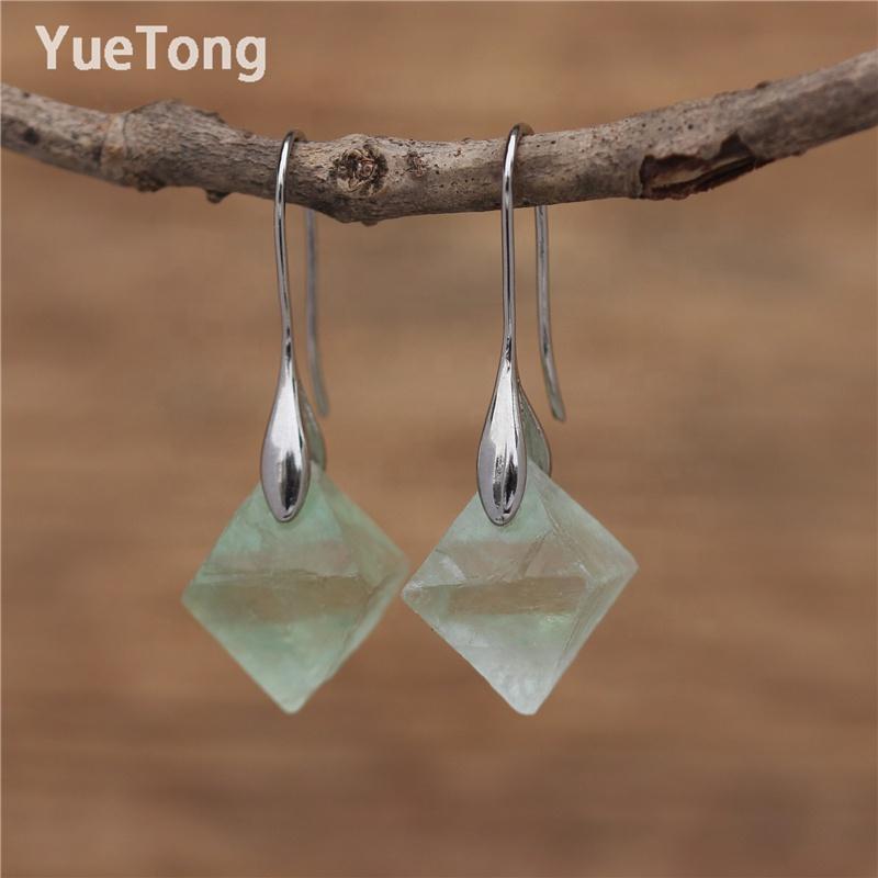 Raw Natural Stone Green Blue Purple Fluorite Gold Hook Teardrop Dangle Earrings Women Minimalist Gemstone Jewelry