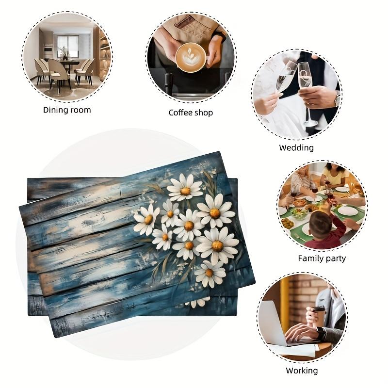 4/6pcs Rustic Farmhouse Decor Placemats, Blue Grey, White Daisy, Spring Summer Country Kitchen Decor, Home Decor, 12 X 18 Inch