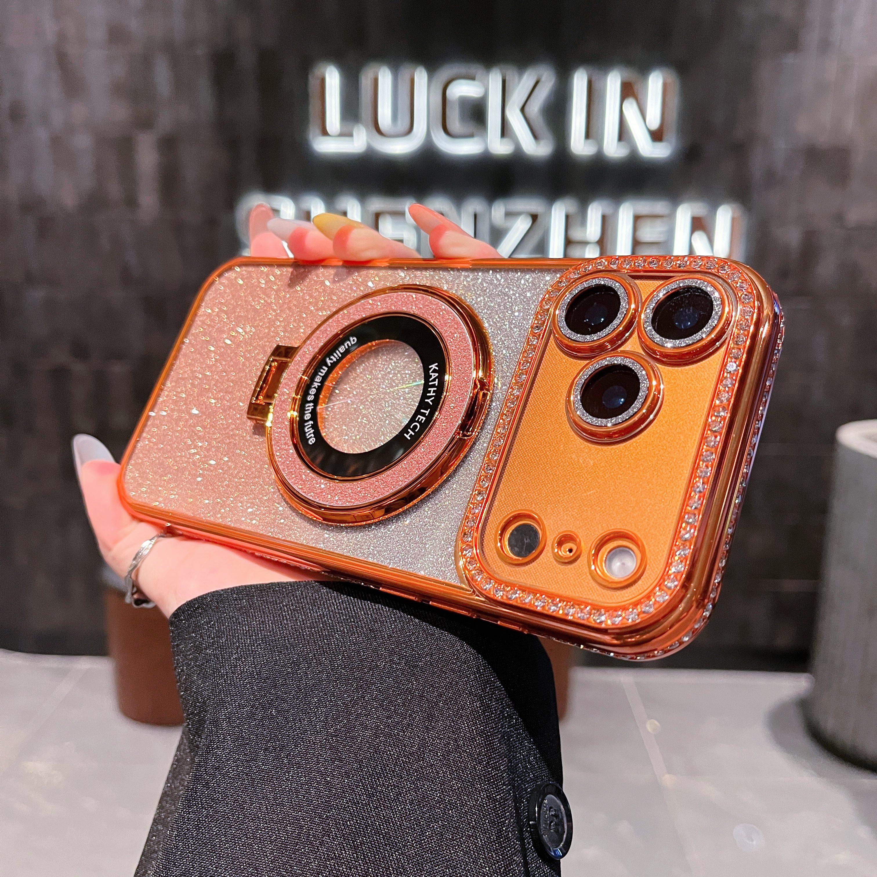 

Для iPhone 17Pro Max Роскошный блестящий чехол-подставка с гальваническим покрытием и рамкой с бриллиантами для iPhone 17Air 11 12 13 14 15 16 Plus iPhone 17 Pro Max оранжевый