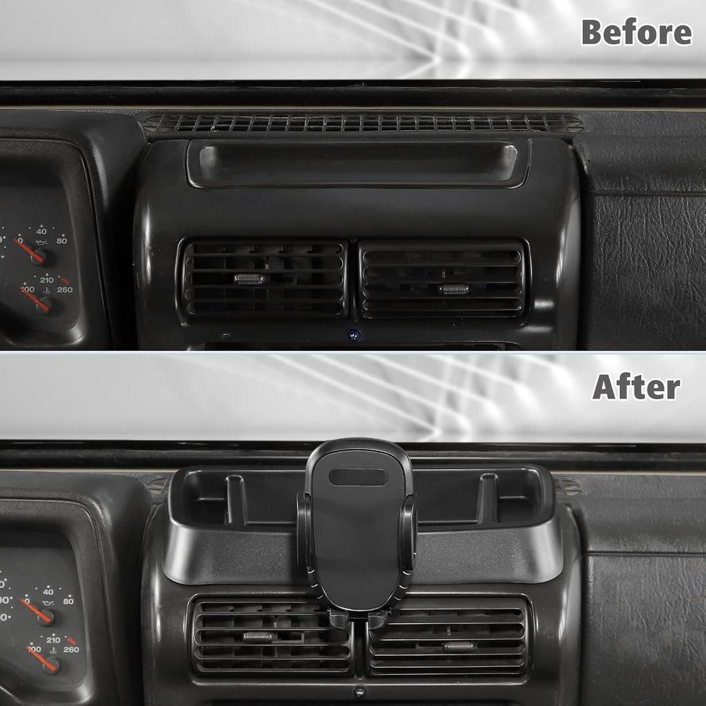 JeCar TJ Phone Holder Upgrade Dash Cellphone Mount With Storage Tray Interior Accessories Compatible With Jeep Wrangler TJ 1997-2006
