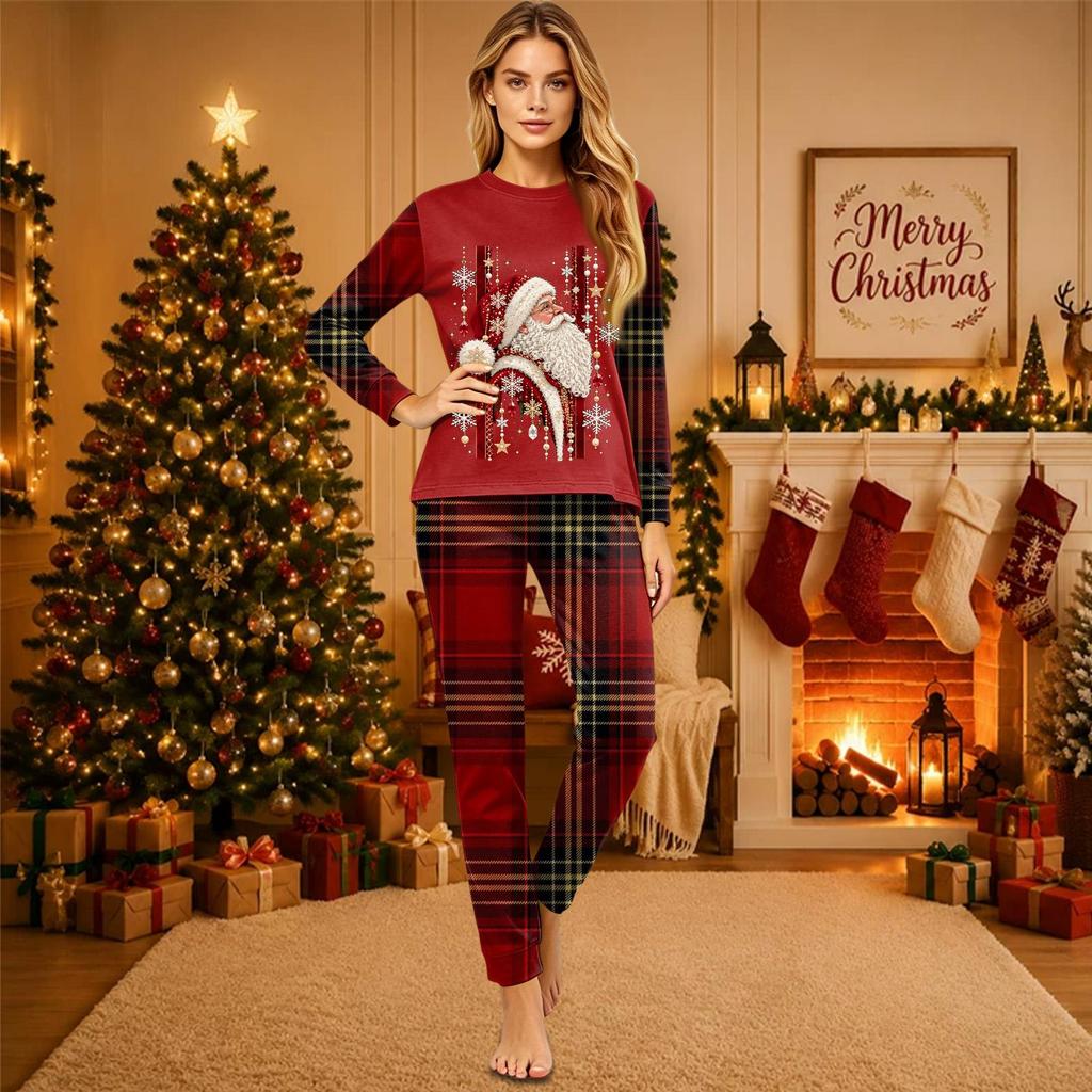 Christmas-print long-sleeve and long-pant matching family loungewear set