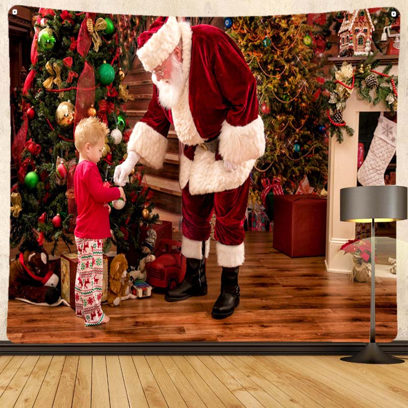 Merry Christmas Santa Claus Fireplace Print Pattern Tapestry Home Living Room Bedroom Decoration Background Cloth Tapestry