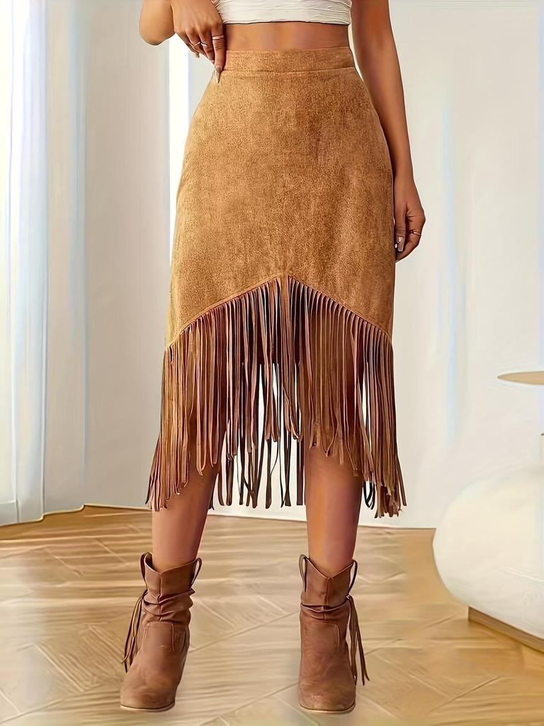 Plus Size Women's Bohemian Tassel Skirt: Elegant High-Waisted Asymmetrical Design