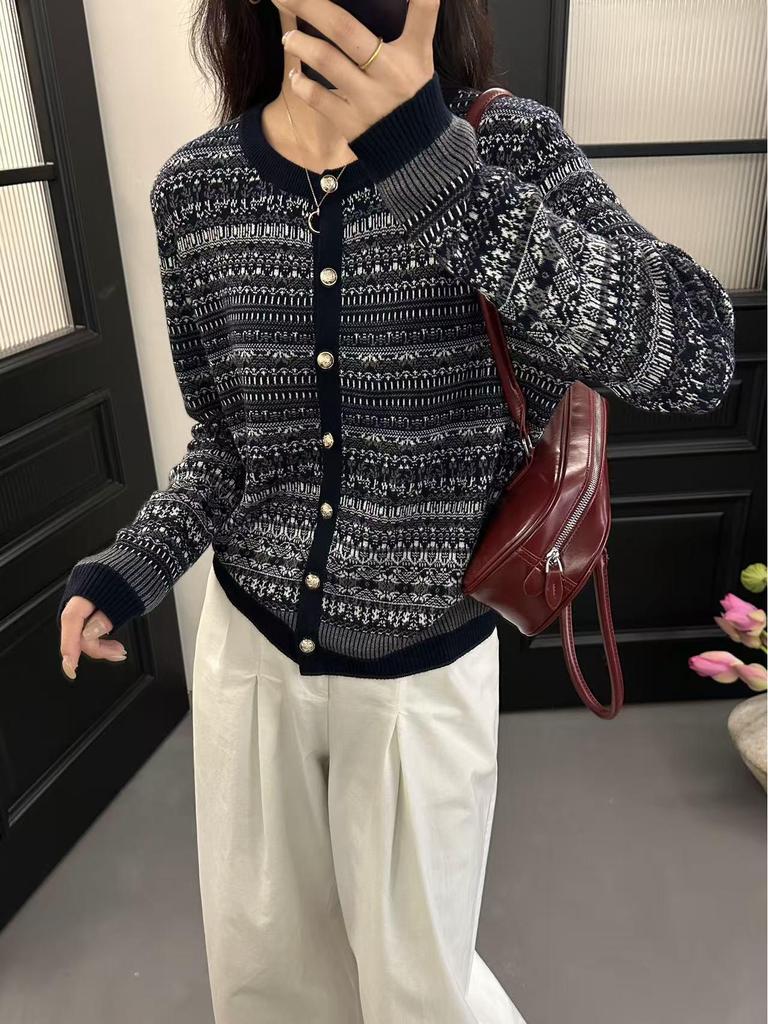 Women's Korean Style Wool Color Block Cardigan - Round Neck, Fair Isle Jacquard, Autumn/Winter Fashion.
