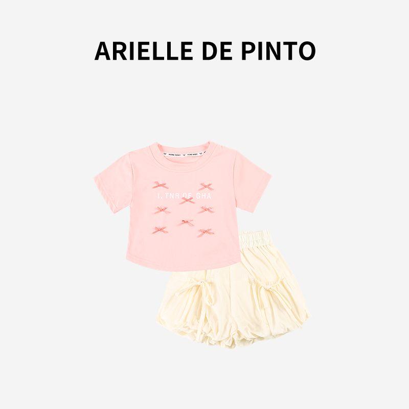 French Arielle De Pinto Girls Bow-Knot Bloomers Set, Summer Sweet Two-Piece Set for Girls Pink 90