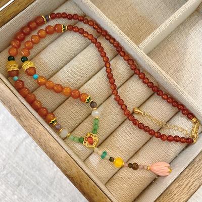 Designer Craft French Retro Coral Red Enamel Beaded Necklace Lotus Niche Premium Sweater Chain