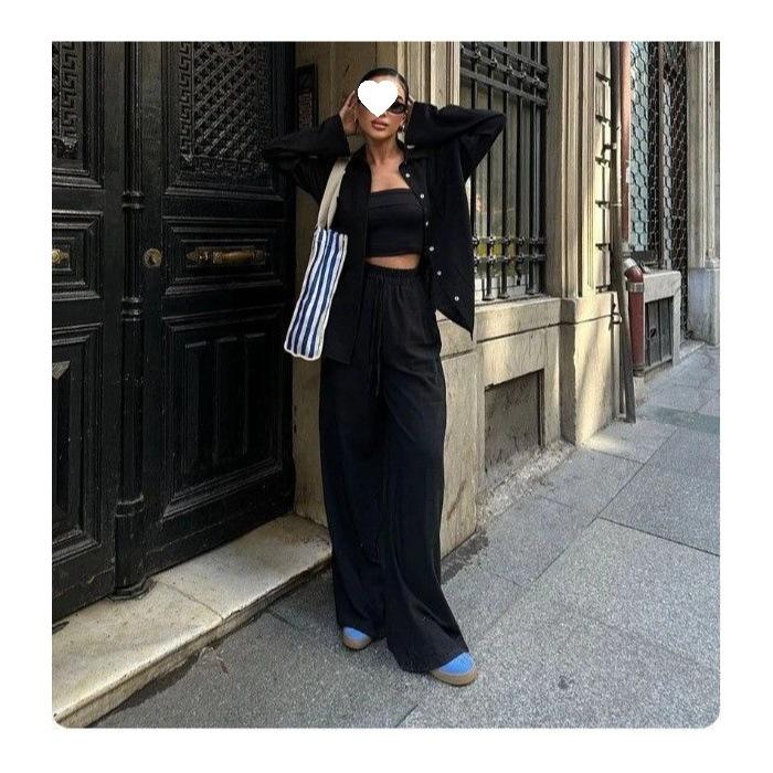 Women's Casual Two-piece Solid Color Cotton and Linen Shirt Wide-leg Pants Suit