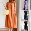 Summer Casual Plus Size Midi Dress Women Loose Cotton Short Sleeve Crew Neck Pleated Swing Dress with Pockets