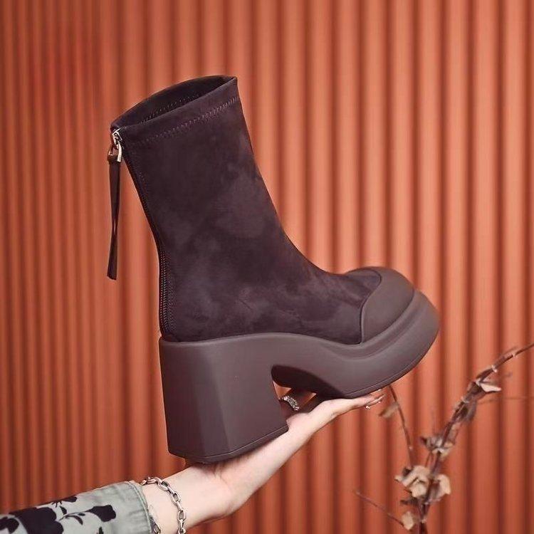Women's boots Korean version thick heel waterproof platform women's soft sole height increasing splicing short tube boots