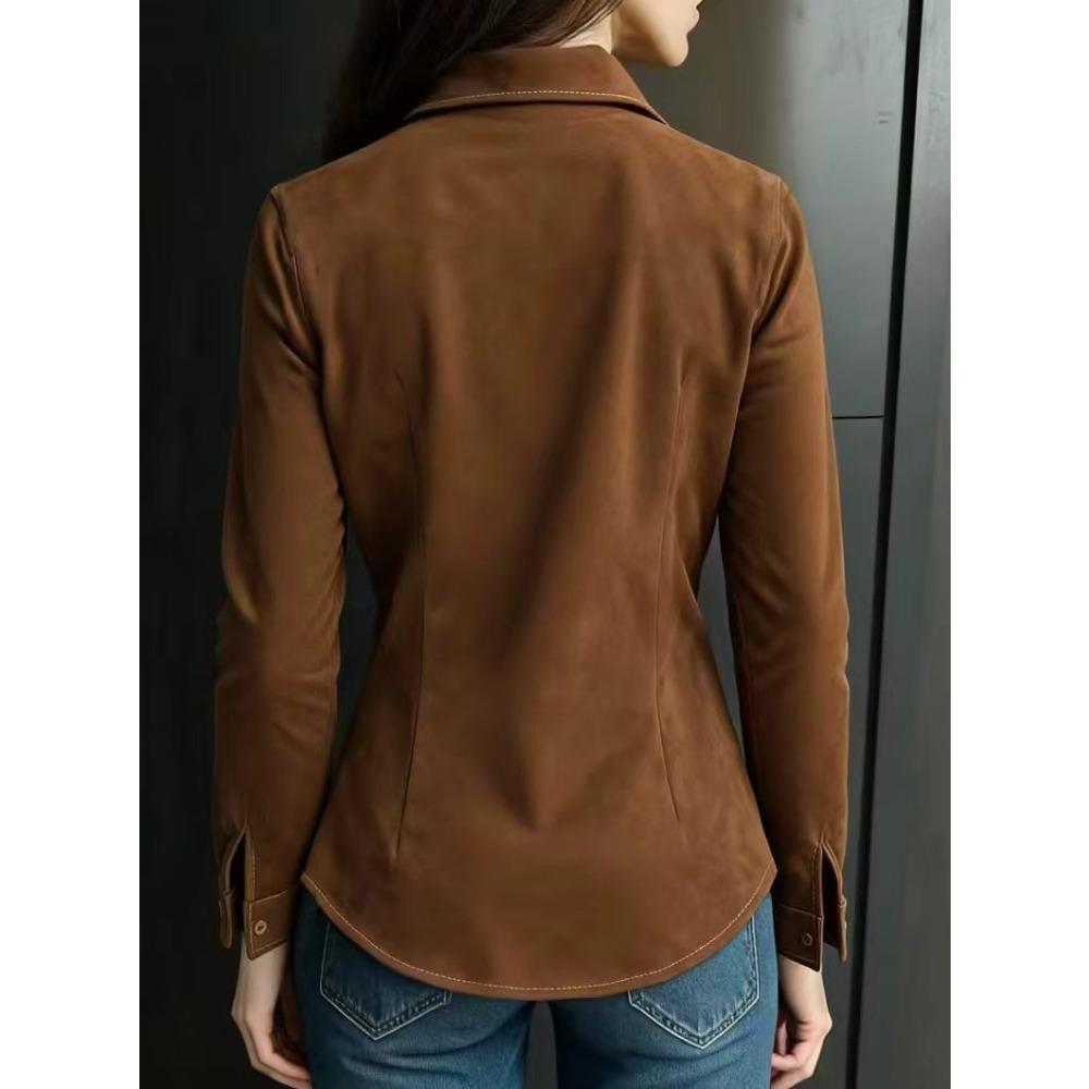 New Long-sleeved Deer Suede Shirt – Women’s Fitted Casual Shirt with Pockets