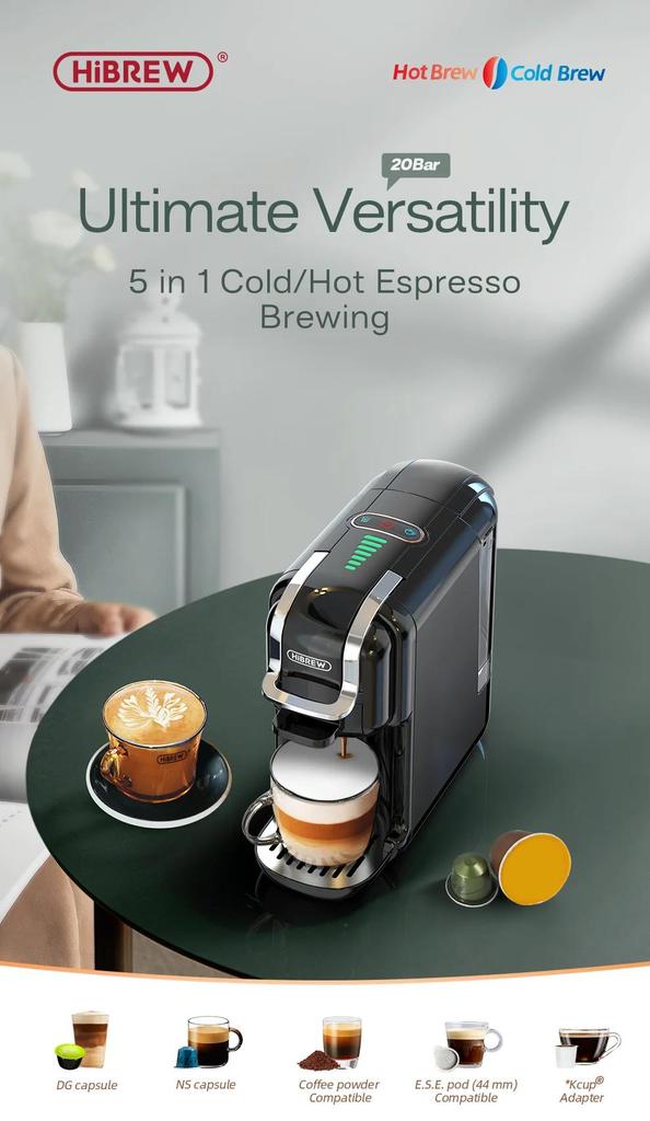 New HiBREW Multiple Capsule Coffee Machine, Hot/Cold Dolce Gusto Milk Nespresso Capsule ESE Pod Ground Coffee Cafeteria 20Bar 5 in 1