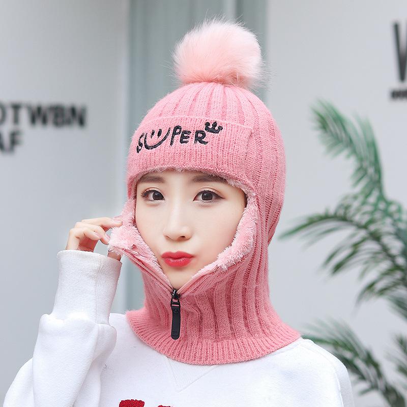 Women s Winter Knitted Hat Warm Zipper Windproof Winter Cap With Neck Warmer