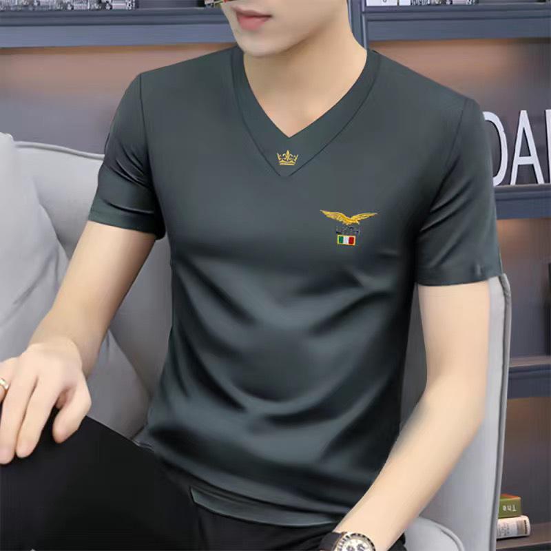 

Мужская футболка из быстросохнущего шелка Ice Silk с V-образным вырезом и короткими рукавами — дышащий и универсальный летний топ 2XL (125-140 jin) темно-серого