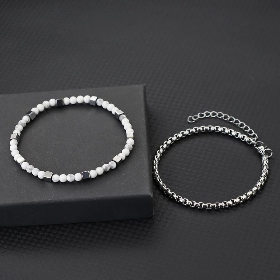 Stylish 2Pcs Men Bracelet Set 4mm Stainless Steel Cuban Chain Braslet Square Hematite Stone Healing Braclet Cycling Accessories