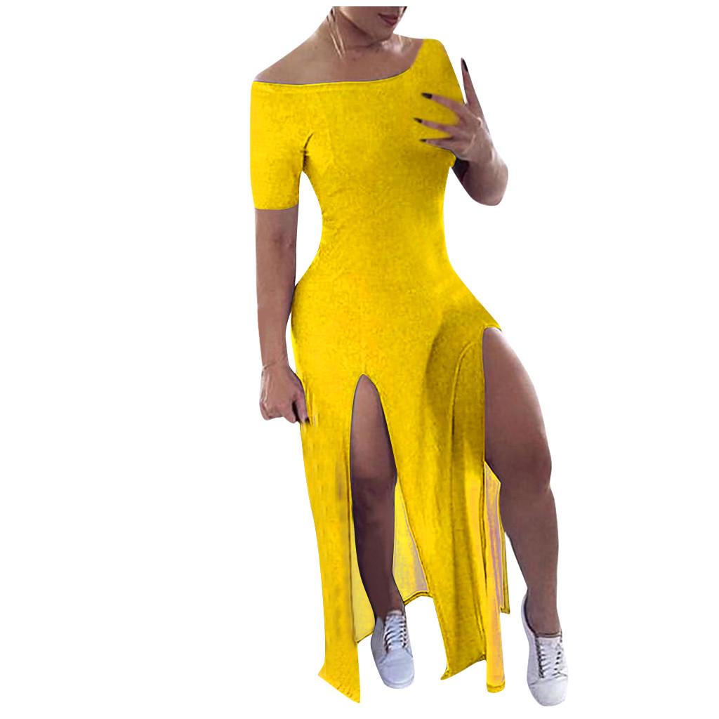 Fashion Women Sexy Slim Color Short Sleeves Off Shoulder Slit Long Dress