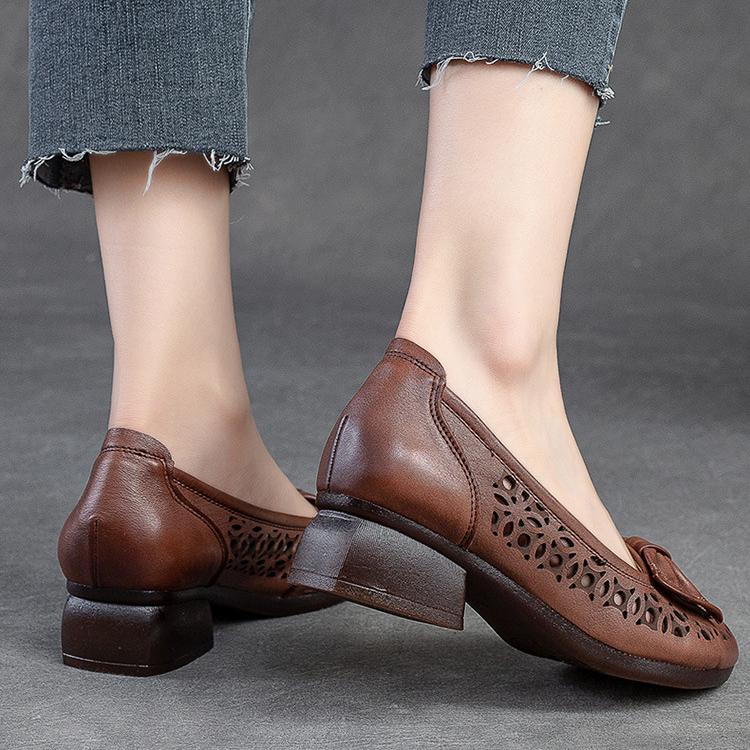 Johnature Sandale retro din piele naturală cu toc gros, cu vârf rotund, cu scobire, pantofi confortabili