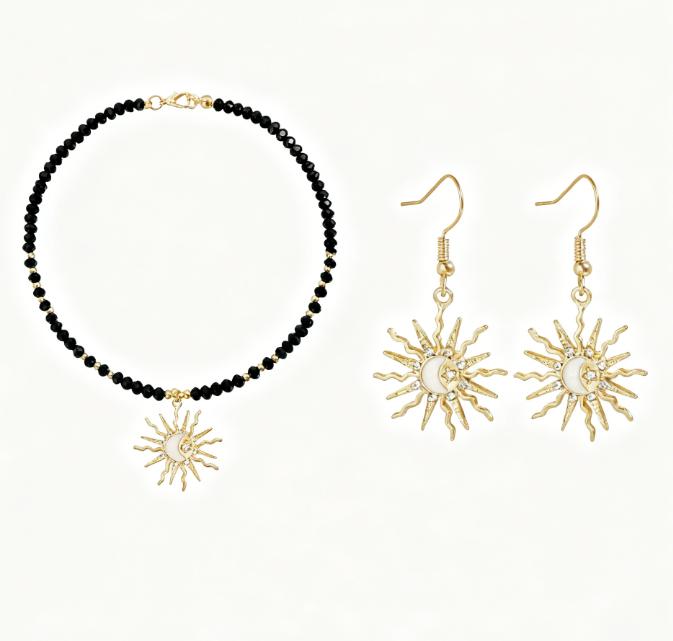 

Bohemian Sun and Moon Jewelry Set - Beaded Necklace with Crescent Sun Pendant and Matching Women s Earrings, Festival Party Accessories