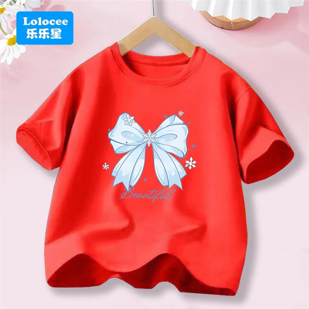 

Новая летняя футболка для девочек в корейском стиле, модная милая футболка с бантом для девочек, сладкий топ для малышек и юных девочек 150