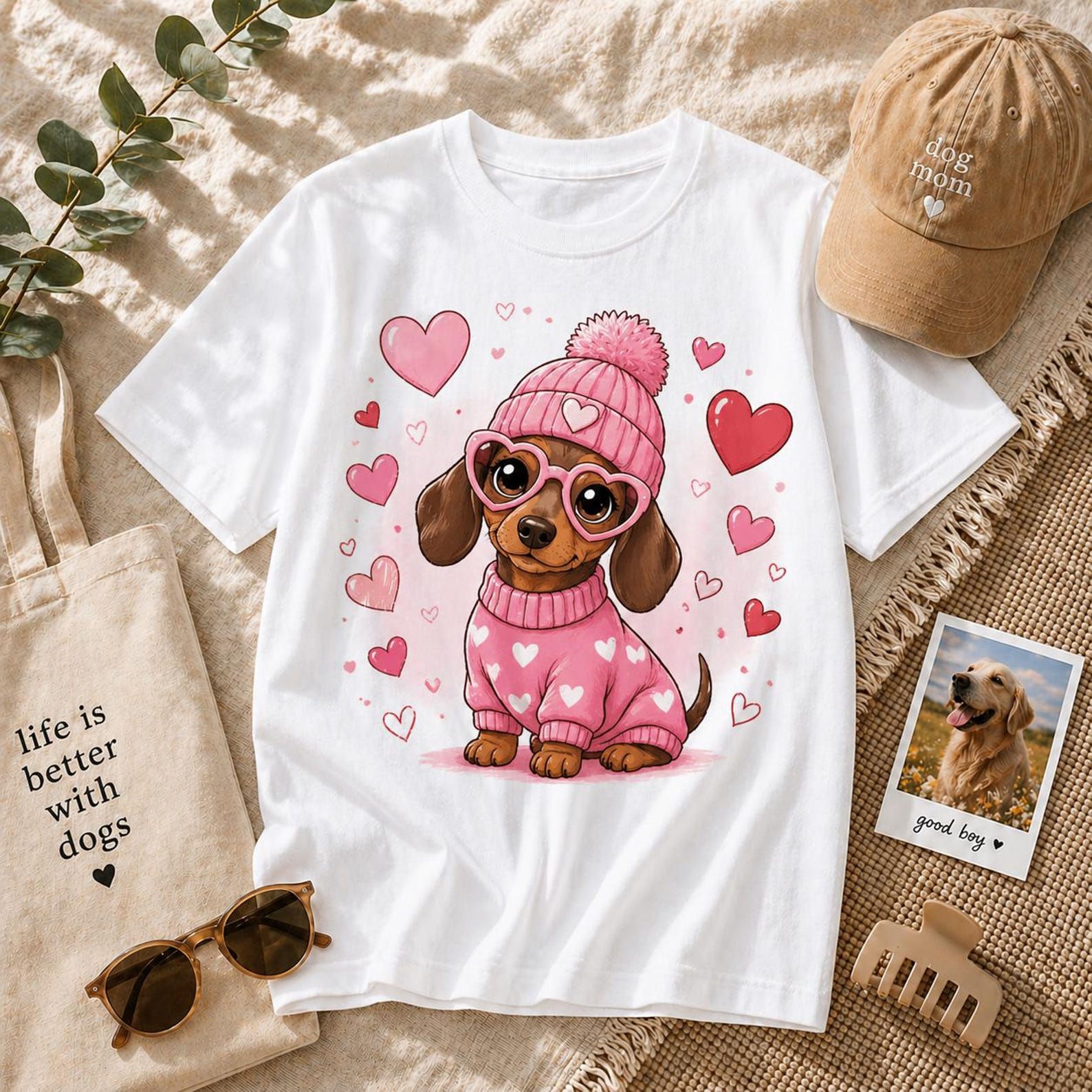 Dachshund Valentine Shirt, Pink Dog Lover Tee, Heart Glasses Puppy Graphic T-Shirt M