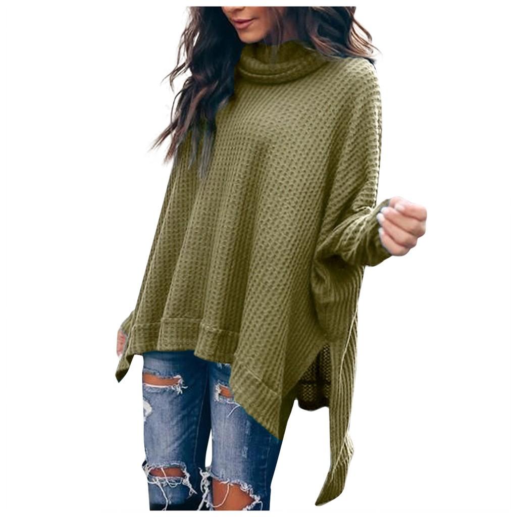 Women Solid Color Asymmetric Neck Long Sleeve Knitted Sweater
