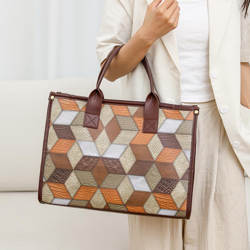 Colorblock Damen Schultertasche Gespleißte Tragetasche mit großem Fassungsvermögen Weiches Leder Leichte Handtasche