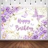 Purple Floral Butterfly Birthday Backdrop for Women Girls Flowers Glitter Gol...