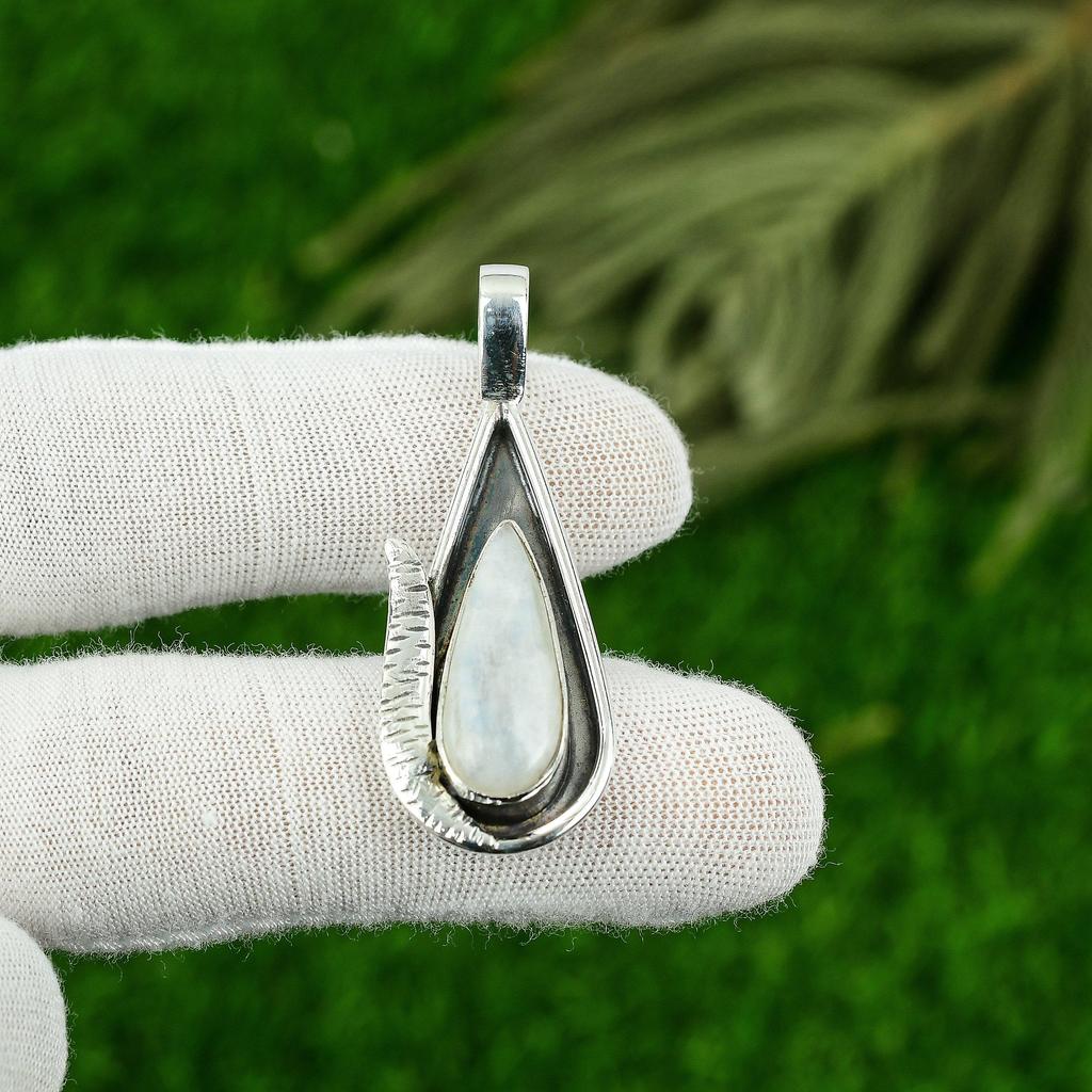 Sterling Silver Pear Crown Chakra Rainbow Moonstone Gemstone New Pendant Jewelry