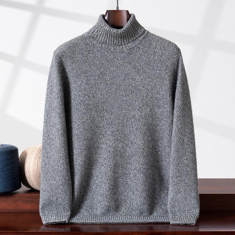 Men's High Neck Cashmere Sweater - Double Ply, Thick, Solid Color Knitwear for Autumn/Winter.