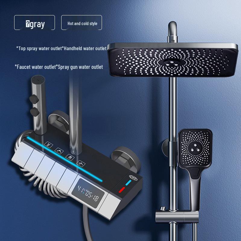 Gray Atmosphere Lighting All-Copper Shower Set with Thermostatic Digital Display and Pressurized Rain Shower Head