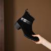 Krazing Pot Cow Suede Nubuck Round Toe Chunky Heels Chelsea Boots Size 43 Zipper Metal Flowers Women Platform Ankle Boots
