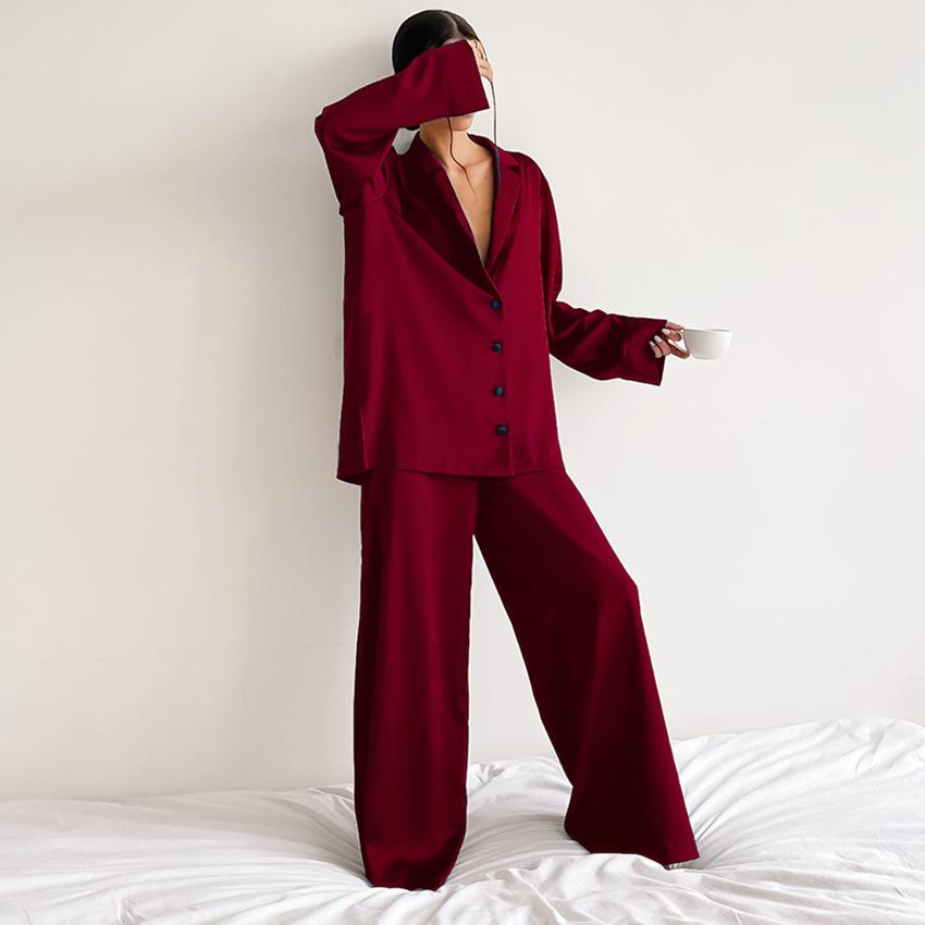 Women's Satin Silk Sleepwear Low Cut Sexy Home Clothes Pajamas Single Breasted Long Sleeves Wide Leg Pants Trouser Set