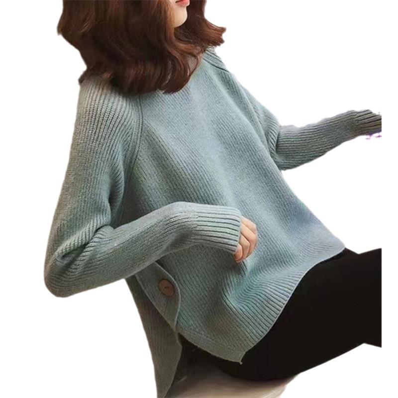 Fashion temperament design sense hem split solid color knitted sweater loose lazy half turtleneck pullover sweater women's wear