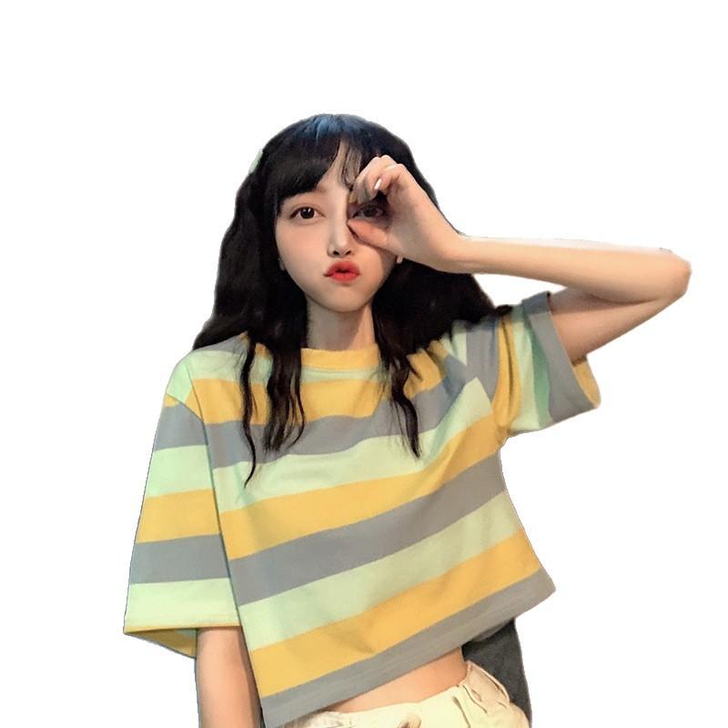 Summer New Style Women's Loose Rainbow-striped Short-sleeved T-shirt, Student Short Style, See-through Casual Versatile Top