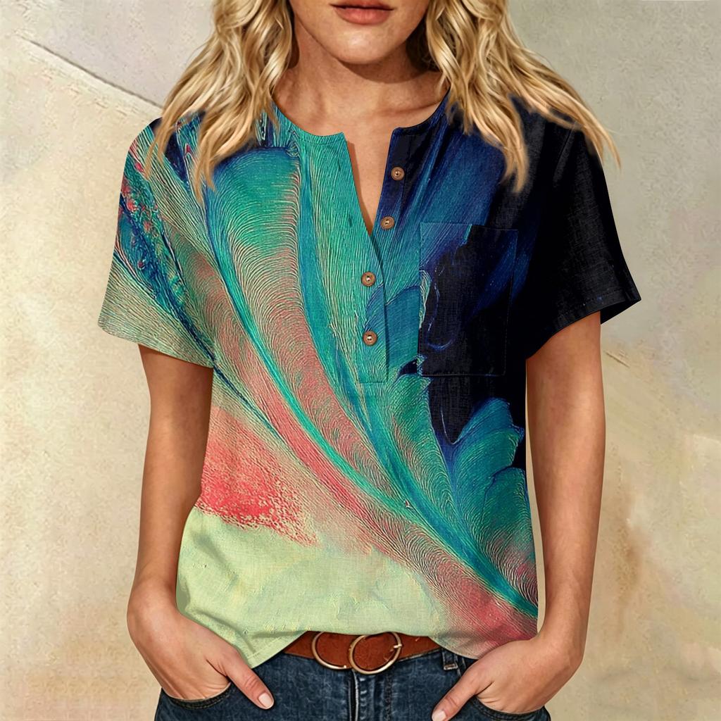 Women Casual Printed Henley Neck Button Front Pocket Short Sleeve Linen Cotton Shirt Blouse Top for Summer
