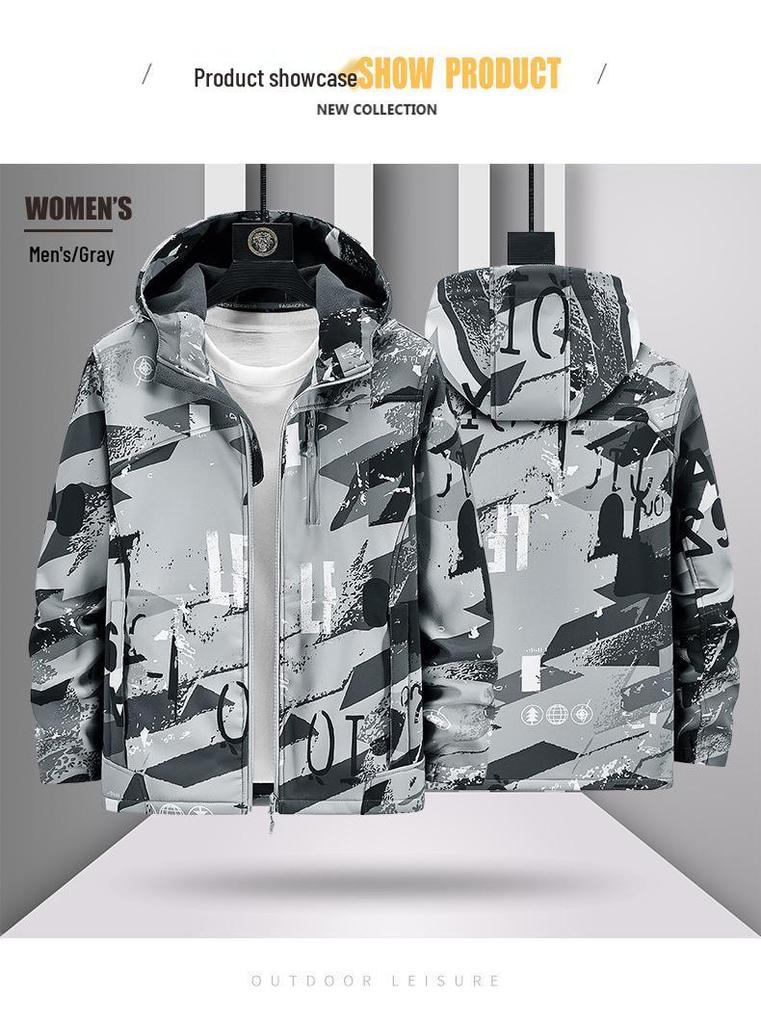 Jaqueta Softshell Camuflada Unissex: Fleece, À Prova de Vento, Impermeável, Com Capuz, Tamanho Grande Roupa para Montanhismo ao Ar Livre