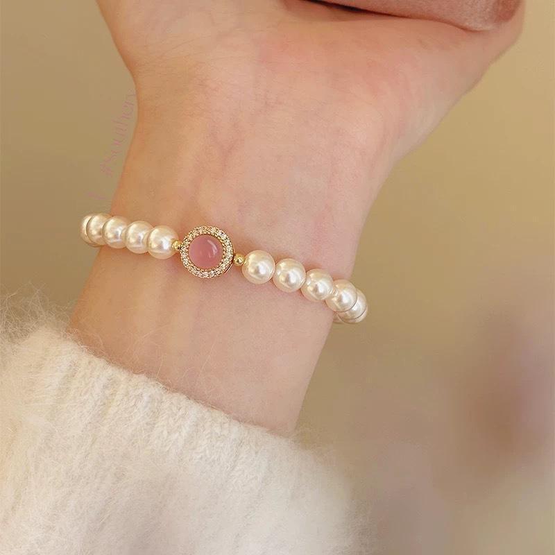 Retro Shine Women s Imitation Pearl Bracelet Pink Zircon Beaded Bracelet Jewelry