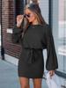 2026 Spring/Autumn Women's Long Sleeve Ribbed Knit Dress with Belt - European & American Style