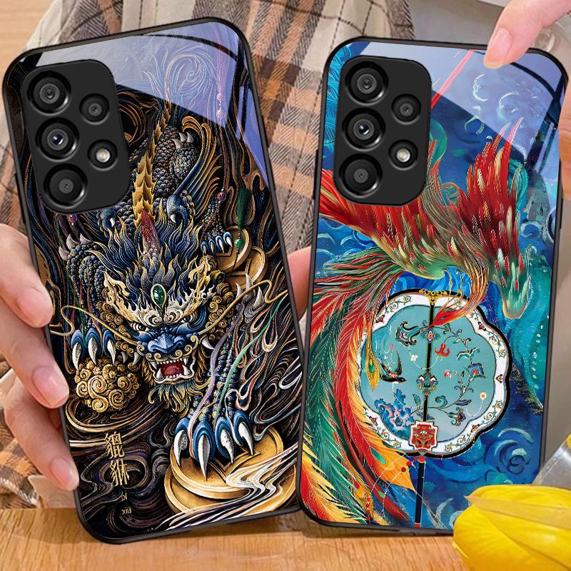 Goldener Phönix Für Samsung Galaxy S10 20 Plus 21 FE 22 23 24 FE 25 Ultra Schwarz Gehärtetes Glas Handyhülle Hartschale