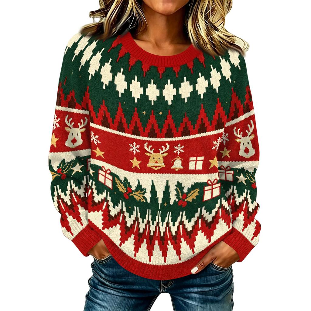 Maglione Pullover da Donna Casual Elegante a Manica Lunga con Collo Alto e Stampa Natalizia