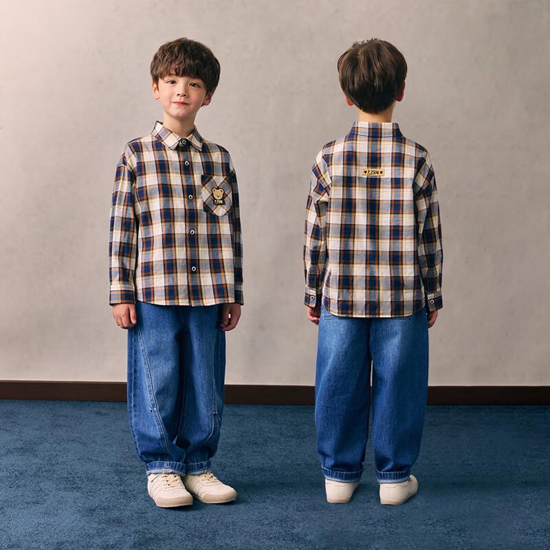 PawinPaw Boys' Cartoon Bear Plaid Lapel Shirt