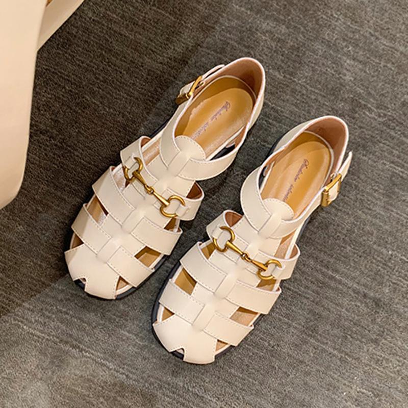 Leather Roman Sandals Women's Hollow 2025 Summer New Beach Shoes Woven Horse Buckle Retro One-word Buckle Cool Slippers