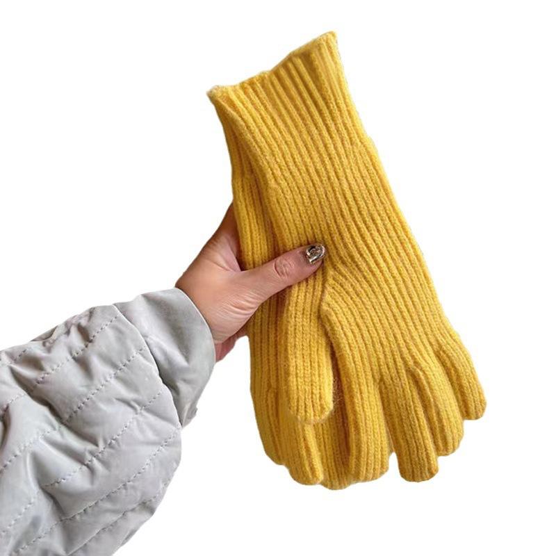 Solid color gloves, winter women's dew finger mobile phone touch screen wool knitting thickened warm couple fashion wholesale