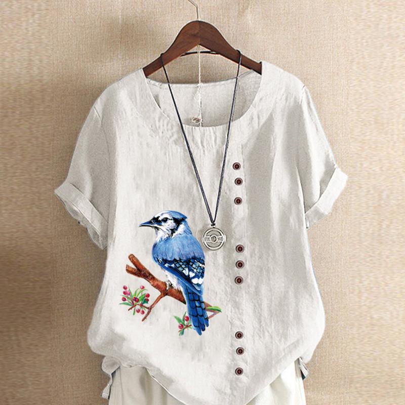 

Женская мода, летняя футболка с круглым вырезом и коротким рукавом, повседневная хлопковая льняная рубашка с рисунком, свободная блузка с принтом для отдыха, топы больших размеров S белый